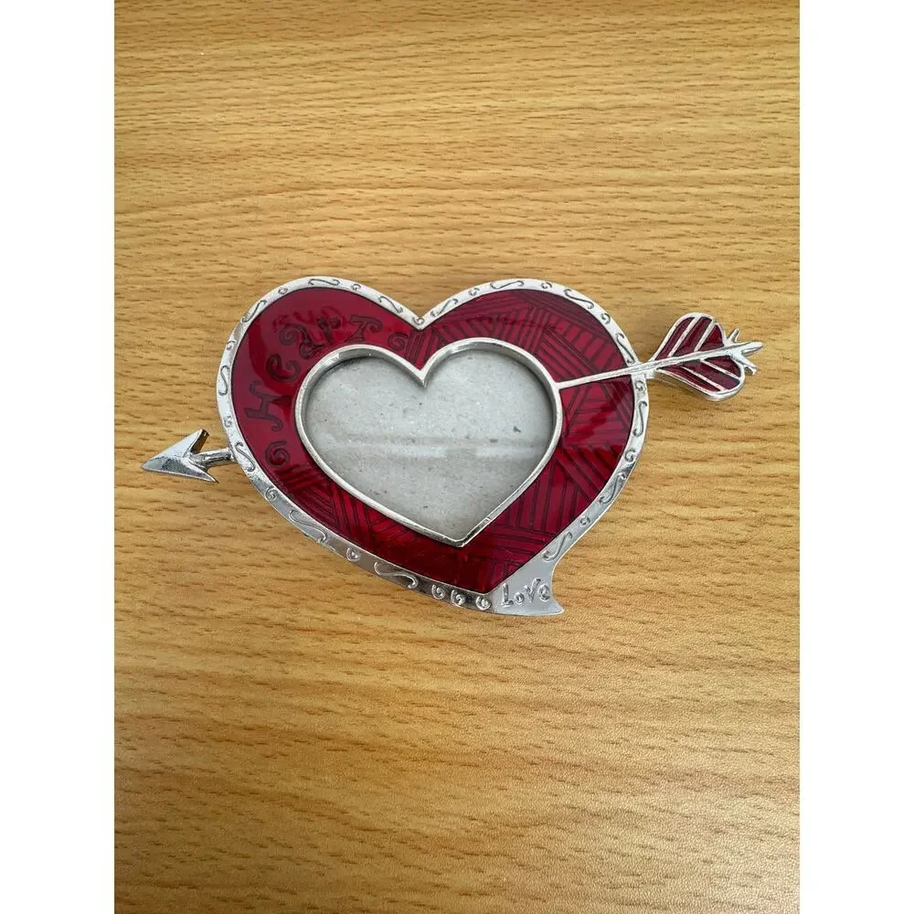 VTG heart shaped photo frame cupid arrow enamel red silver tone desktop love